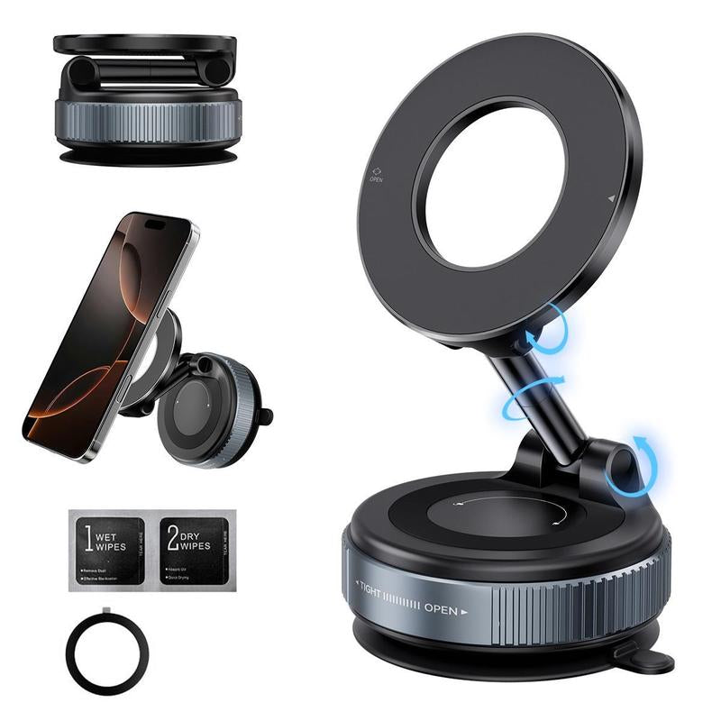 360° Magnetic Car Phone Holder – Foldable, Silent, Adjustable Mount with Strong Magnetic & Vacuum Adsorption